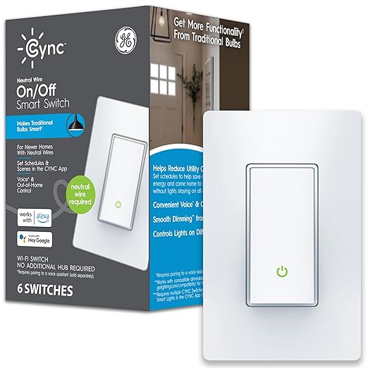GE CYNC Smart Light Switch, Paddle Style, Neutral Wire Required, Bluetooth and 2.4 GHz Wi-Fi 4-Wire Switch, Compatible with Alexa and Google (6 Pack), White CYNCSmartHome