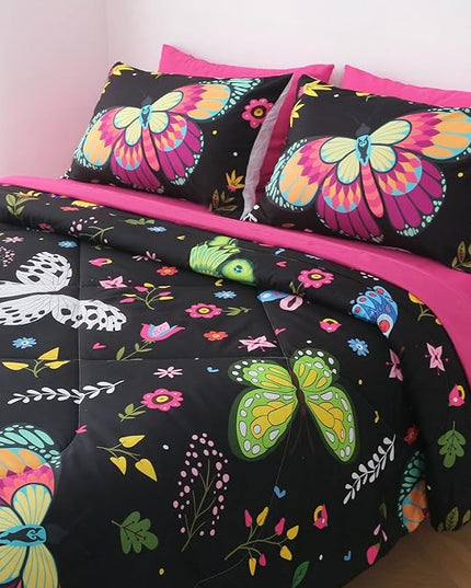 Girls Butterfly Comforter Set Queen Size Colorful Flowers Leaves Bedding Set for Kids Teens Adults Black 7 Piece Bed in A Bag Super Soft All Season - LeafyLoom