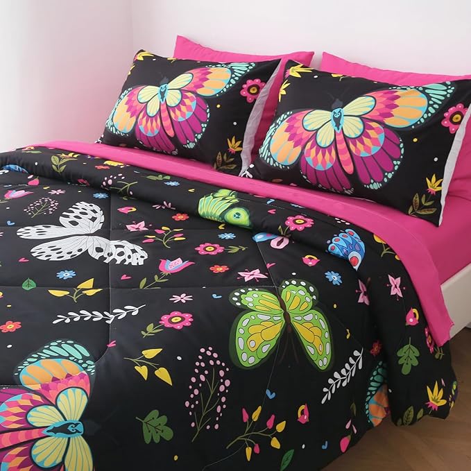 Girls Butterfly Comforter Set Queen Size Colorful Flowers Leaves Bedding Set for Kids Teens Adults Black 7 Piece Bed in A Bag Super Soft All Season - LeafyLoom