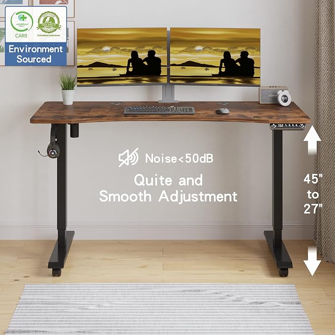 Mobile Rolling Electric Standing Desk Height Adjustable, 55 x 30 Inches Sit to Stand Desk with Splice Board, Black Frame/Rustic Brown Top - LeafyLoom
