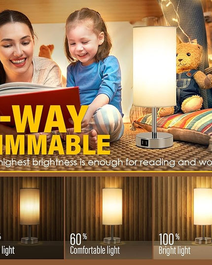 Yarra-Decor Bedside Lamp with USB Port - Touch Control Table Lamp for Bedroom 3 Way Dimmable Nightstand Lamp with Round White Fabric Shade for Living Room, Dorm, Home Office (LED Bulb Included) - LeafyLoom