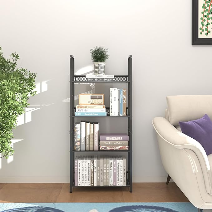 Bookshelf Storage Shelf Bookcase Freestanding Storage Stand Book Organizer for Living Room, Bedroom, Kitchen, Rust Resistance,Easy Assembly Multi-Functional Organizer (4 Tiers, Black) - LeafyLoom