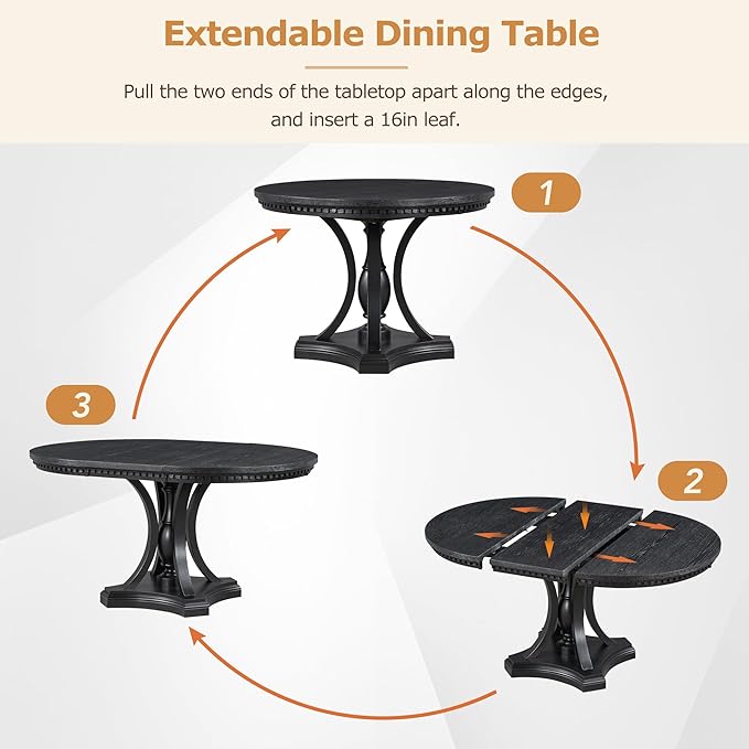 Retro Style 5 Piece Set with Extendable Freely AdjustableRound Table and 4 Chairs, Full Assembly Required and Easy Clean, for Dining Room, Kitchen, Oak, Black 19 - LeafyLoom