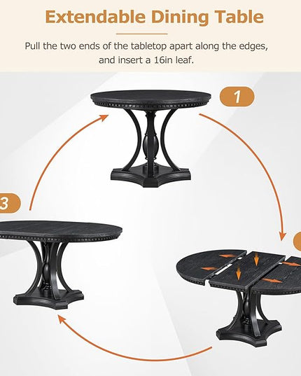 5-Piece Retro Elegant Extendable Round Dining Table Set with 4 Curved Armrest Upholstered Chairs for Kitchen, Breakfast Nook, Living Room, Oak, 42"-58" L x 42" W x 30" H, Black(Armchairs) - LeafyLoom