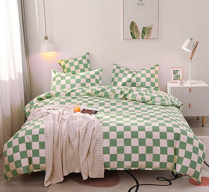 Green White Grid Comforter Set Twin Sage Green Plaid Bedding Set Girls Light Green White Checkered Bed Comforter Set Breathable Blanket Set Kids Durable Bedding Comforter Set - LeafyLoom
