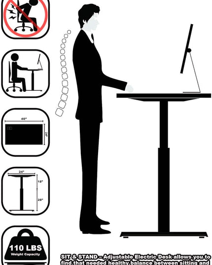 SHW Small Electric Height Adjustable Mobile Sit Stand Desk with Drawer, Hanging Hooks and Cable Management, 40 x 24 Inches, Black - LeafyLoom