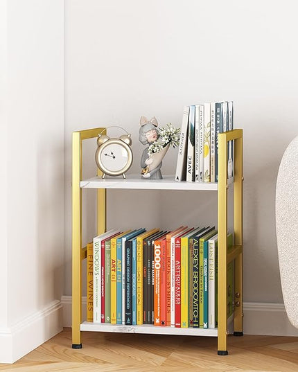 Small Bookshelf for Small Space, 2 Tier Bookcase Narrow Book Case Storage Organizer Book Shelf for Living Room, Bedroom and Office, Easy Assembly(2 Tier,Gold) - LeafyLoom