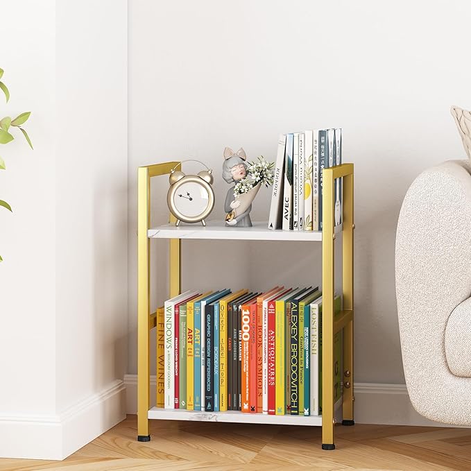 Small Bookshelf for Small Space, 2 Tier Bookcase Narrow Book Case Storage Organizer Book Shelf for Living Room, Bedroom and Office, Easy Assembly(2 Tier,Gold) - LeafyLoom