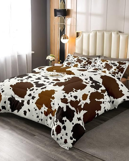Cow Print Comforter Set Queen Size Cowhide Bedding Set for Boys Girls Man Women Bedroom Decor Brown Bull Cattle Skin Down Comforter Wildlife Fur Hair Farmhouse Animal Skin Duvet Set - LeafyLoom