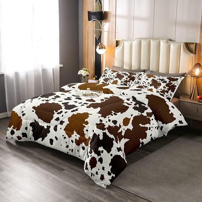 Cow Print Comforter Set Queen Size Cowhide Bedding Set for Boys Girls Man Women Bedroom Decor Brown Bull Cattle Skin Down Comforter Wildlife Fur Hair Farmhouse Animal Skin Duvet Set - LeafyLoom