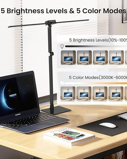 LED Desk Lamp, Newest Hand-Sweep Sensor Desk Lamps for Home Office, Double Head Architect lamp with Type-C & USB Charger, 24W Dimmable Smart Light with Timer, Black - LeafyLoom