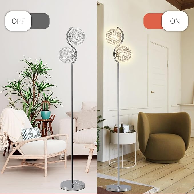 Crystal Floor Lamp, Elegant Standing Lamp, Modern Floor Lamp Chrome Finish Tall Pole Lamp, Modern Standing Lamp with On/Off Foot Switch for Living Room, Girl Bedroom, Dresser, Office, E26 Base - LeafyLoom