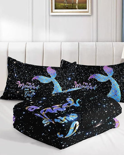 Datura home Bedding Comforter Set Black Starry Sky Mermaid Printed Pattern Quilt with 1 and 2 Pillowcases for Girls Bedroom All Season(Black Full) Full 80x90inches - LeafyLoom