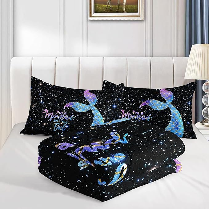 Datura home Bedding Comforter Set Black Starry Sky Mermaid Printed Pattern Quilt with 1 and 2 Pillowcases for Girls Bedroom All Season(Black Twin) Twin 68x86inches - LeafyLoom