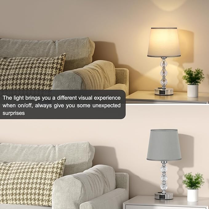Acaxin Lamps for Bedrooms Set of 2 Nightstand- Crystal Table Lamps with USB C+A Ports & AC Outlet for Charging, 3 Way Dimmable Touch Silver Small Bed Side Table Lamp for Living Room/Guest Room - LeafyLoom