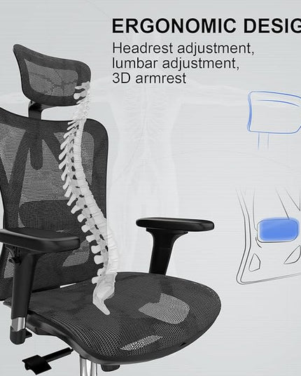 SIHOO M57 Ergonomic Office Chair with 3 Way Armrests Lumbar Support and Adjustable Headrest High Back Tilt Function Black - LeafyLoom