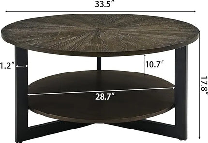 MODERION Round Coffee Table with Storage Shelf, Farmhouse Living Room Cocktail Table with Black Metal Legs, Circular Solid Wood Center Tea/ Sofa Table, 35.3''Dx17.8''H, Brushed Black KFZ1338BK - LeafyLoom