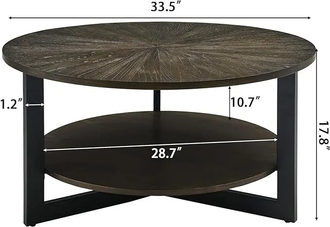 MODERION Round Coffee Table with Storage Shelf, Farmhouse Living Room Cocktail Table with Black Metal Legs, Circular Solid Wood Center Tea/ Sofa Table, 35.3''Dx17.8''H, Brushed Black KFZ1338BK - LeafyLoom