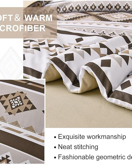 Dinjoy Khaki Aztec Comforter Set Queen Size,7 Pieces Bed in a Bag Queen Beige Boho Bedding Sets with Sheets Bohemian Geometric Striped Complete Set for All Seasons 90"x90" - LeafyLoom