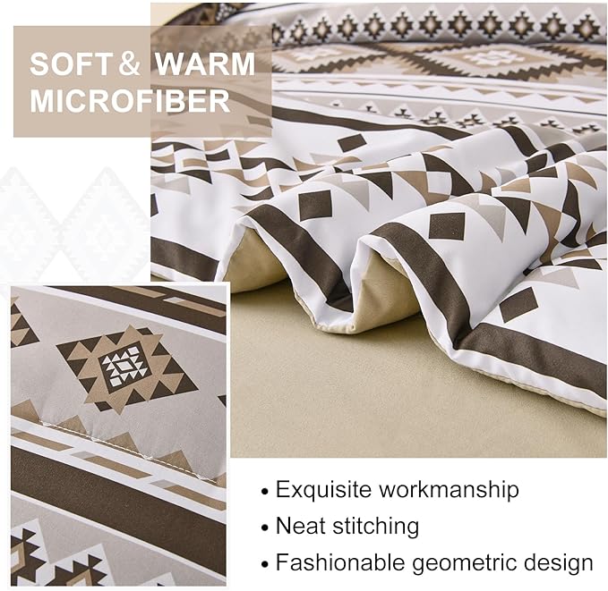 Khaki Aztec Comforter Set King,7 Pieces Bed in A Bag King Size Boho Striped Bedding Set Bohemian Patchwork Complete Set Geometric Pattern Comforters for Women Men 90"×104" - LeafyLoom