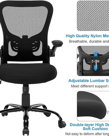 Office Chair Ergonomic Desk Chair, Mesh Computer Home Office Desk Chairs with Adjustable Lumbar Support and Flip-up Armrests, Swivel Comfy Task Executive Chair, Black - LeafyLoom