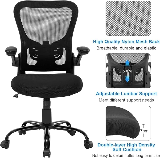 Office Chair Ergonomic Desk Chair, Mesh Computer Home Office Desk Chairs with Adjustable Lumbar Support and Flip-up Armrests, Swivel Comfy Task Executive Chair, Black - LeafyLoom