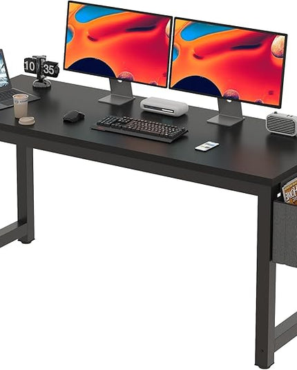 63 Inch Large Computer Desk Writing Study Work Office Table Home Office Desk Moderm Gaming Desk Simple Workstation with Storage Bag and Iron Hook - Black - LeafyLoom