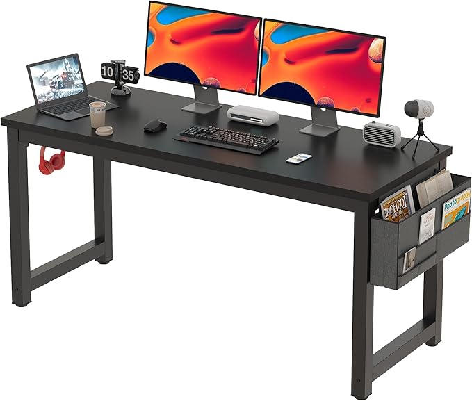 63 Inch Large Computer Desk Writing Study Work Office Table Home Office Desk Moderm Gaming Desk Simple Workstation with Storage Bag and Iron Hook - Black - LeafyLoom