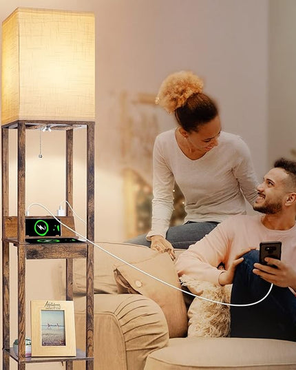 【Upgraded】Floor Lamp with Shelves,Shelf Floor Lamps for Living Room with Wireless Charger, Floor Lamps for Bedroom with USB A+C Charging Ports and 2 AC Outlet, Brown Wood Lamp for Living Room, Bedroom - LeafyLoom