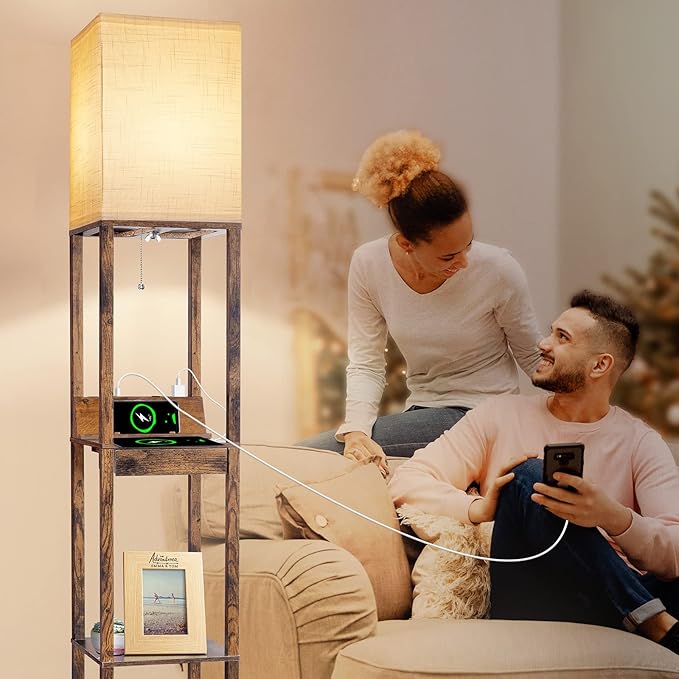 【Upgraded】Floor Lamp with Shelves,Shelf Floor Lamps for Living Room with Wireless Charger, Floor Lamps for Bedroom with USB A+C Charging Ports and 2 AC Outlet, Brown Wood Lamp for Living Room, Bedroom - LeafyLoom