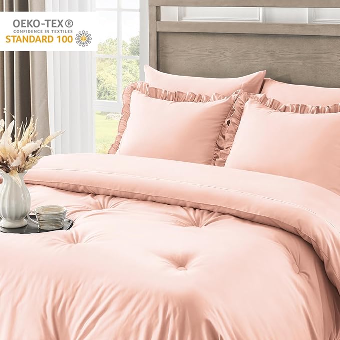 King Size Bed in a Bag 7 Pieces King Size Comforter Set, Ruffle Shabby Chic Bedding Comforter Set Pink Bed Set with Comforter, Pillowcases, Flat Sheet, Fitted Sheet and Pillow Shams - LeafyLoom
