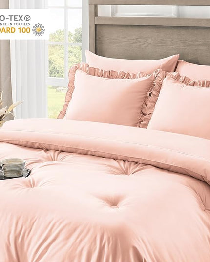 Full Bed in a Bag 7 Pieces Full Size Comforter Set, Ruffle Shabby Chic Bedding Comforter Set Pink Bed Set with Comforter, Pillowcases, Flat Sheet, Fitted Sheet and Pillow Shams - LeafyLoom