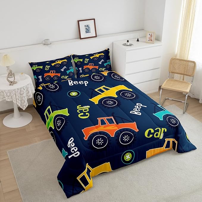 Cartoon Car Bedding Set Construction Kids Comforter Set Boys Girls Equipment Trucks Decor Comforter Microfiber Cartoon Car Excavator Tractor Duvet Set Bedroom Quilt Set Full - LeafyLoom