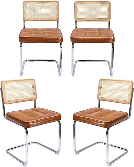 Zesthouse Mid-Century Modern Dining Chairs 4 Pcs, Accent Rattan Kitchen Chairs, Armless Mesh Back Cane Upholstered Leather Chairs with Metal Chrome Legs, Brown - LeafyLoom