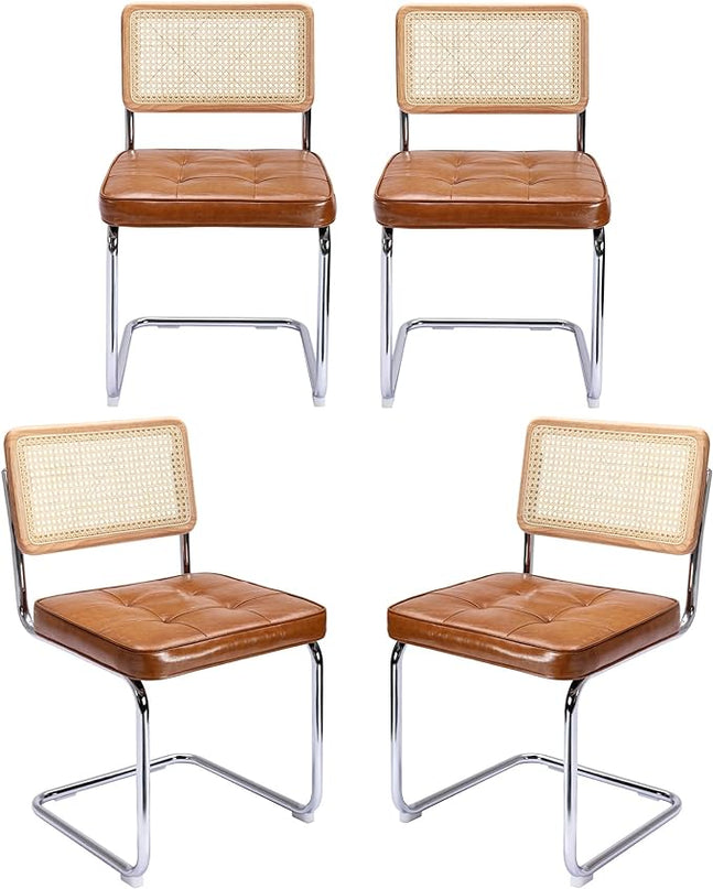 Zesthouse Mid-Century Modern Dining Chairs 4 Pcs, Accent Rattan Kitchen Chairs, Armless Mesh Back Cane Upholstered Leather Chairs with Metal Chrome Legs, Brown - LeafyLoom