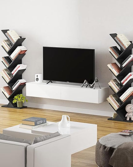 Function Home 9 Tier Tree Bookshelf, Modern Tall Geometric Bookcase, Freestanding Book Shelf, Wood Floor Storage Shelf for Living Room, Bedroom, Home Office,Black - LeafyLoom