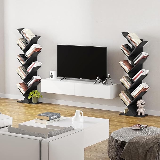 Function Home 9 Tier Tree Bookshelf, Modern Tall Geometric Bookcase, Freestanding Book Shelf, Wood Floor Storage Shelf for Living Room, Bedroom, Home Office,Black - LeafyLoom