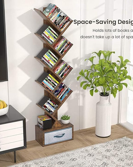 Tree Bookshelf with Drawer,Bookcase ,Bookshelves,Rack,Storage Rack,Holder,Organizer for Books,Wood Bookshelves,Book Tree,NarrowBookshelf Board Game Storage(Color:Rustic Brown), r-09 - LeafyLoom