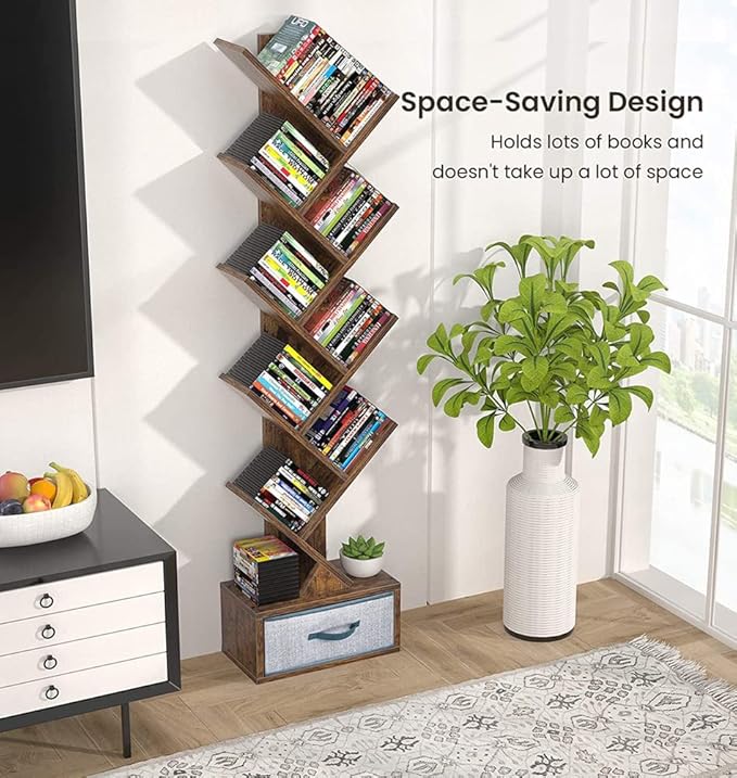 Tree Bookshelf with Drawer,Bookcase ,Bookshelves,Rack,Storage Rack,Holder,Organizer for Books,Wood Bookshelves,Book Tree,NarrowBookshelf Board Game Storage(Color:Rustic Brown), r-09 - LeafyLoom