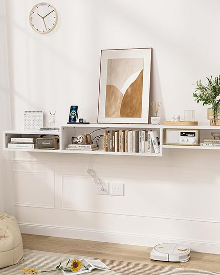 FABATO 71'' Floating TV Stand with LED Light Power Outlet, Floating Shelf for Under TV Wall Mount with Storage Shelf, Media Console Entertainment Center for Living Room, White - LeafyLoom