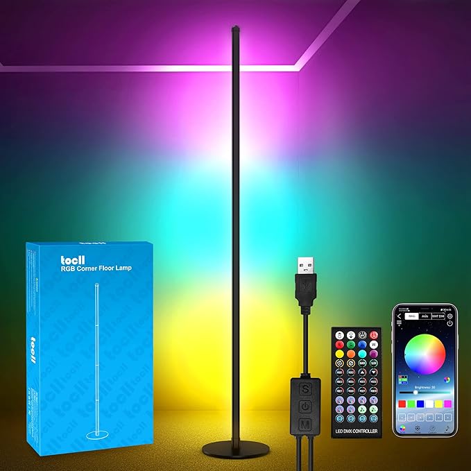 TOCLL LED RGB Corner Floor Lamp 62" Corner Light Color Changing Mood Lamp Dimmable Modern Standing Lamp with Remote Control Music Sync Timing RGB Ambient Light for Living Room, Bedroom, Play Room - LeafyLoom