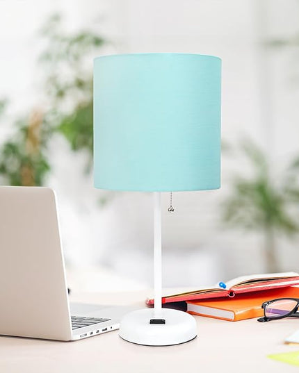 Simple Designs LT1144-AOW Sleek and Slender White Table Lamp with Charging Outlet, for Bedroom, Living Room, Entryway, Office, Dining Room, Study, Aqua Shade - LeafyLoom