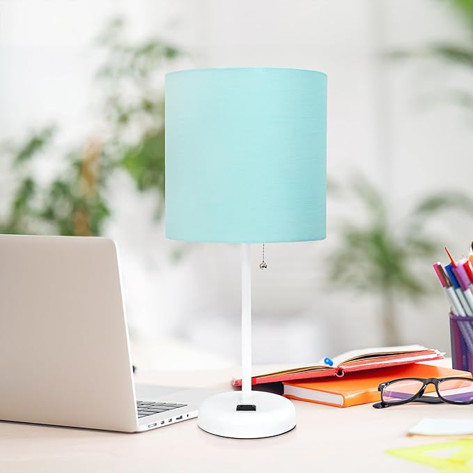 Simple Designs LT1144-AOW Sleek and Slender White Table Lamp with Charging Outlet, for Bedroom, Living Room, Entryway, Office, Dining Room, Study, Aqua Shade - LeafyLoom