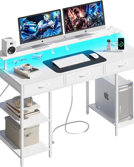 Yoobure Computer Desk with Drawers, Office Desk with LED Lights & Outlets Small Desk with Storage Shelves, Gaming Desk with Monitor Stand, 48" White Desk for Bedroom Home Office Desks for Small Space - LeafyLoom