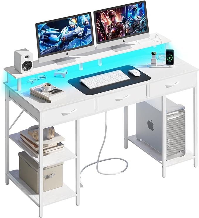 Yoobure Computer Desk with Drawers, Office Desk with LED Lights & Outlets Small Desk with Storage Shelves, Gaming Desk with Monitor Stand, 48" White Desk for Bedroom Home Office Desks for Small Space - LeafyLoom