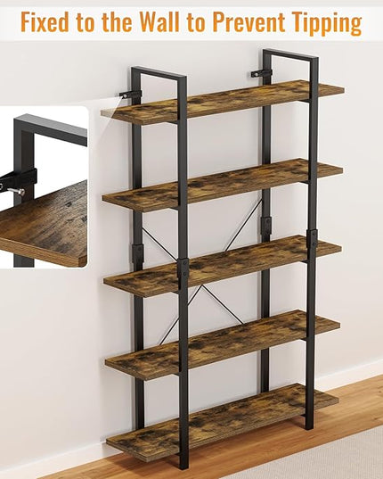 FRAPOW 5 Tier Bookshelf, 70 inch Tall Solid Bookcase Industrial Wooden Bookshelves Large Wall Etagere Rustic Vintage Book Shelf with Metal Frame Open Storage Rack for Living Room Home Office - LeafyLoom