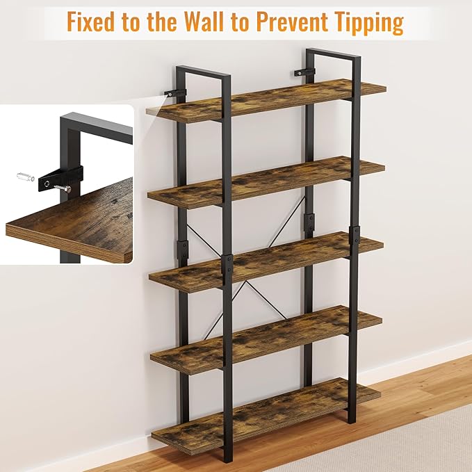 FRAPOW 5 Tier Bookshelf, 70 inch Tall Solid Bookcase Industrial Wooden Bookshelves Large Wall Etagere Rustic Vintage Book Shelf with Metal Frame Open Storage Rack for Living Room Home Office - LeafyLoom