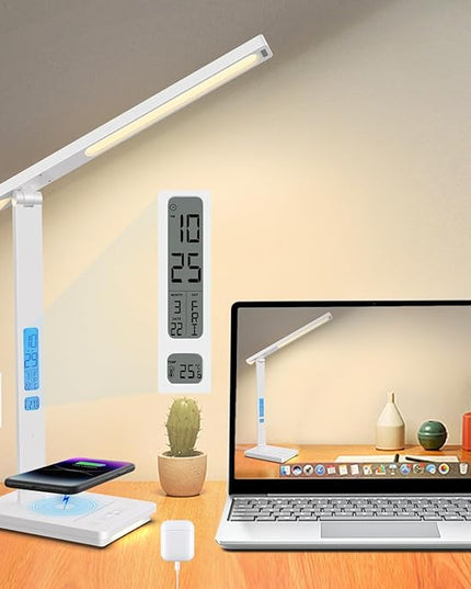 10 in 1 Smart Led Desk Lamp, Desk Table Lamp for Home Office, Eye-Caring Office Lamp with Night Lights, Lamp for Desk with 10W Wireless Charger, Dimmable Touch Lamp for Bedroom Reading Study Work - LeafyLoom