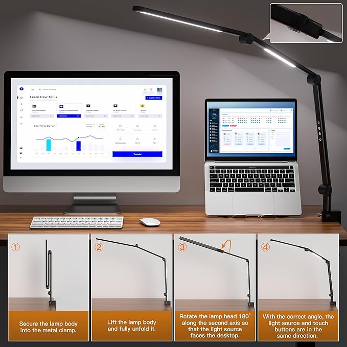 LED Desk Lamp, Desk Light for Home Office, Dual Light Source, Eye-Caring Optical Lens, 5 Color Modes & Brightness, 18W Brightest, Swing Arm Office Lamp, Puzzle Light, Clamp Lamp, Black - LeafyLoom