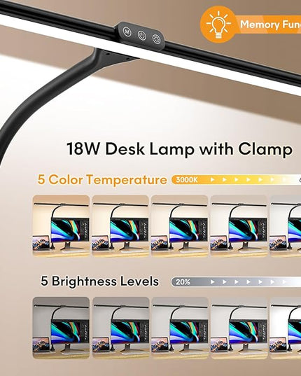 Hokone Desk Lamps for Home Office, 31.5" Wide Architect Desk Lamp with Clamp, Tall Office Lamp Dimmable, Black Desk Light with Timer, Bright Gooseneck Lamp for Workbench/Desktop - LeafyLoom